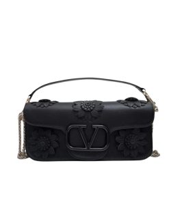 Valentino Garavani Loco Flower Applique Shoulder Bag Black 26Cm