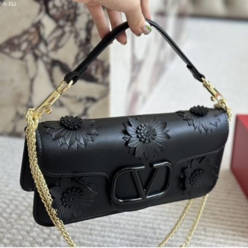 Valentino Garavani Loco Flower Applique Shoulder Bag Black 26Cm - Image 2