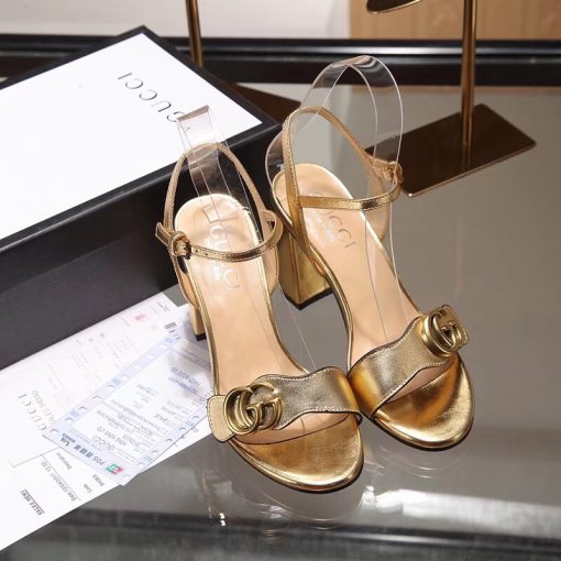 Gucci Gold Metallic Laminate Leather Mid Heel Sandal 453379 - Image 7