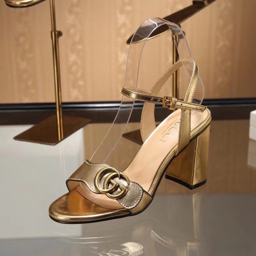 Gucci Gold Metallic Laminate Leather Mid Heel Sandal 453379 - Image 6