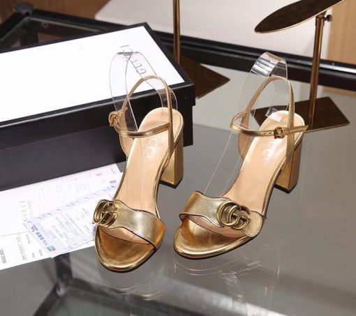 Gucci Gold Metallic Laminate Leather Mid Heel Sandal 453379 - Image 2