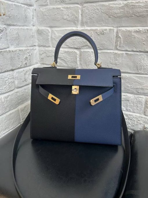 Hermes Kelly 28 Sellier Black Blue Indigo Blue Frida Epsom Gold Hardware - Image 5