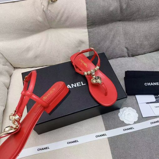 Chanel Gold Cc Logo Thong Sandals Wine Red - Image 3