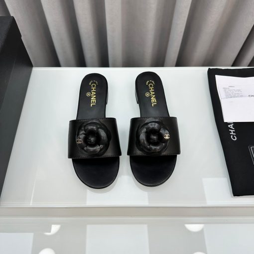 Chanel Camellia Leather Slides Black - Image 9