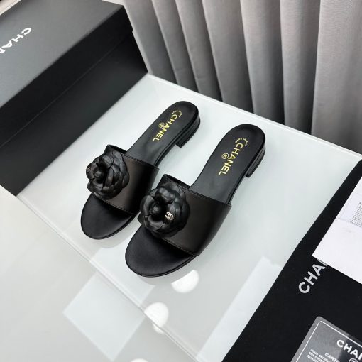 Chanel Camellia Leather Slides Black - Image 8