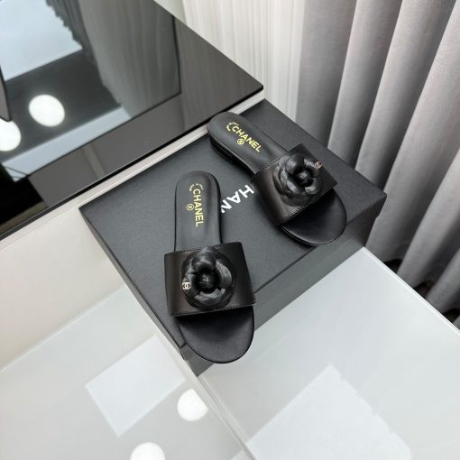 Chanel Camellia Leather Slides Black - Image 7