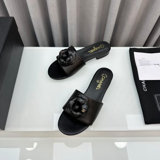 Chanel Camellia Leather Slides Black - Image 5