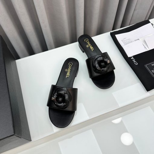 Chanel Camellia Leather Slides Black - Image 4