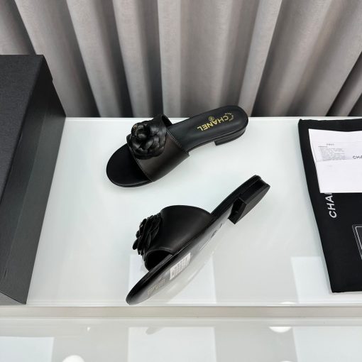 Chanel Camellia Leather Slides Black - Image 3