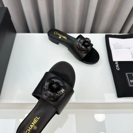 Chanel Camellia Leather Slides Black - Image 2