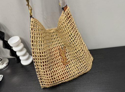 Saint Laurent Oxalis In Raffia Crochet And Leather Naturel 41Cm 773984Gaaeb9718 - Image 3