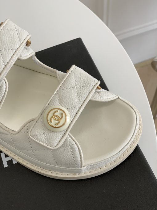 Chanel Cc Button Velcro White Sandals Grained Calfskin Leather - Image 7