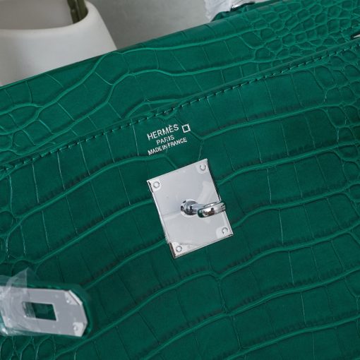 Hermes Kelly 25 Sellier Emeraude Niloticus Lisse Shiny Palladium Hardware - Image 8