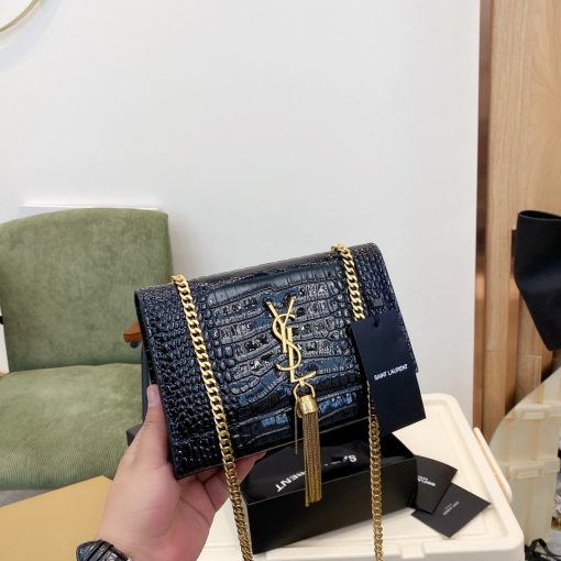 Saint Laurent Kate Medium Chain Bag With Tassel In Shiny Crocodile-Embossed Leather Black 354119Aaay14083 - Image 6