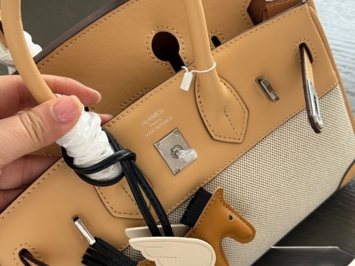 Hermès Birkin 25 Biscuit Swift and Ecru Toile Palladium Hardware - Image 3