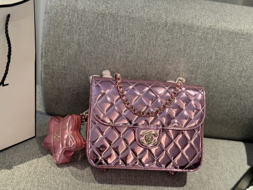 Chanel Mini Flap Bag & Star Coin Purse Pink Mirror Calfskin/Metallic Calfskin Light Gold Hardware - Image 2