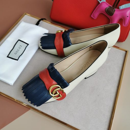 Gucci Wmns White And Blue Leather Mid-Heel Pump - Image 2