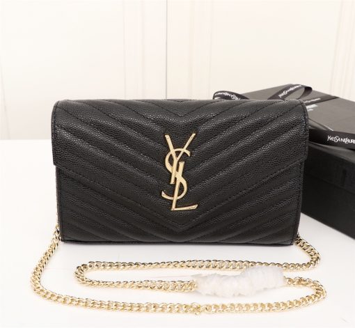 Saint Laurent Cassandre Matelasse Chain Wallet In Grain De Poudre Embossed Black Gold 22Cm 377828Bow011000 - Image 10