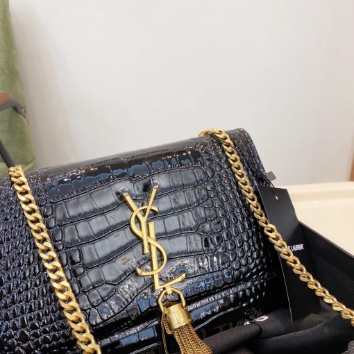 Saint Laurent Kate Medium Chain Bag With Tassel In Shiny Crocodile-Embossed Leather Black 354119Aaay14083 - Image 7