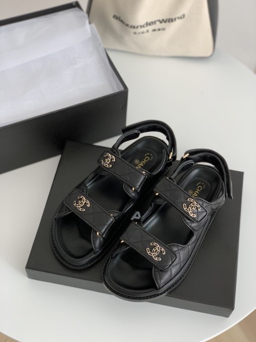 Chanel Cc Button Velcro Black Sandals Grained Calfskin Leather - Image 8