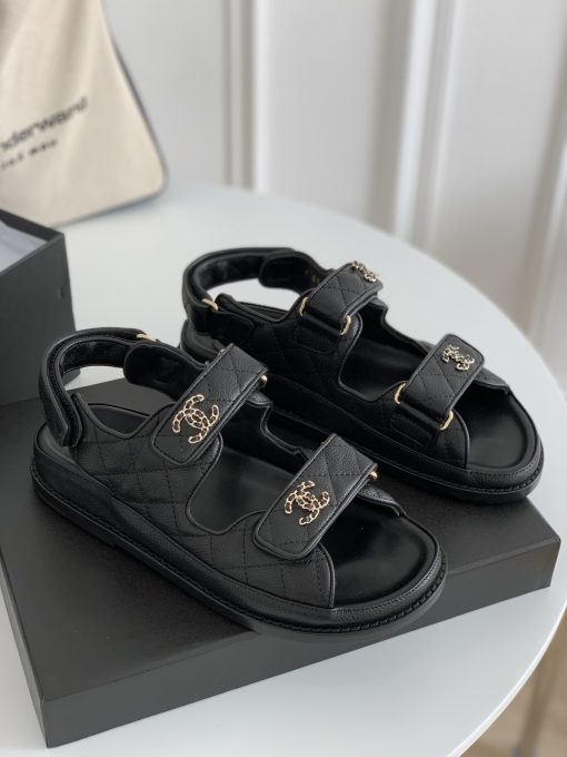 Chanel Cc Button Velcro Black Sandals Grained Calfskin Leather - Image 9