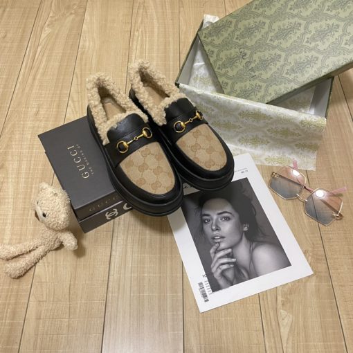 Gucci Fleece Collar Loafers Gg Beige And Black Leather - Image 8