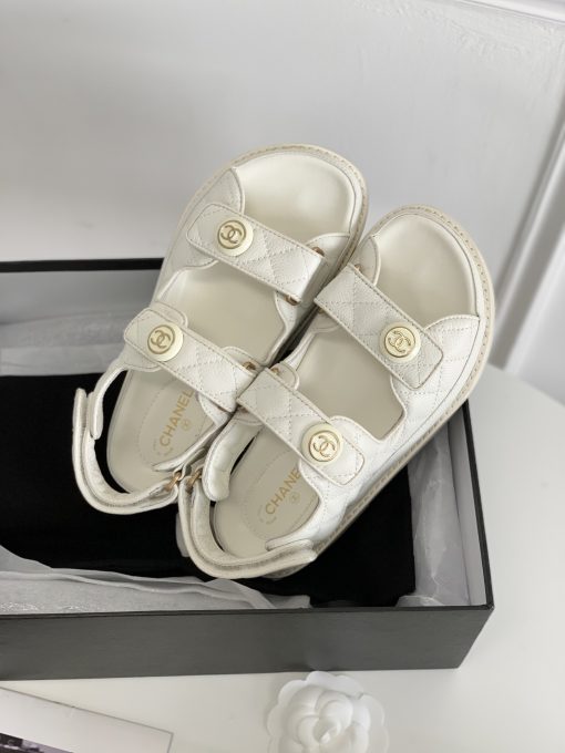 Chanel Cc Button Velcro White Sandals Grained Calfskin Leather - Image 9