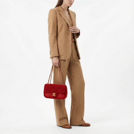 Chanel Quilted Flap Bag Red Shearling Gold Hardware - Image 2