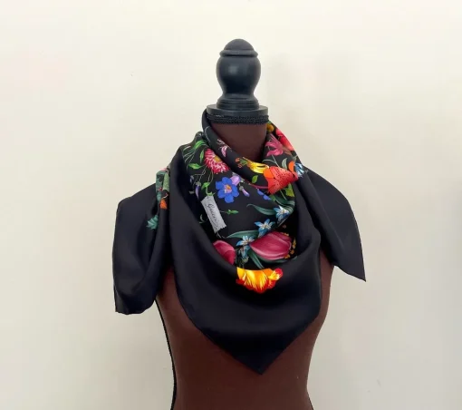 Gucci Scarf Flora Print Black Multicolor Silk - Image 4