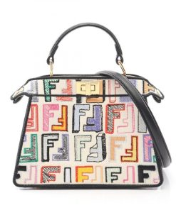 FENDI Peekaboo ISeeU Shoulder Handbag canvas leather White Black