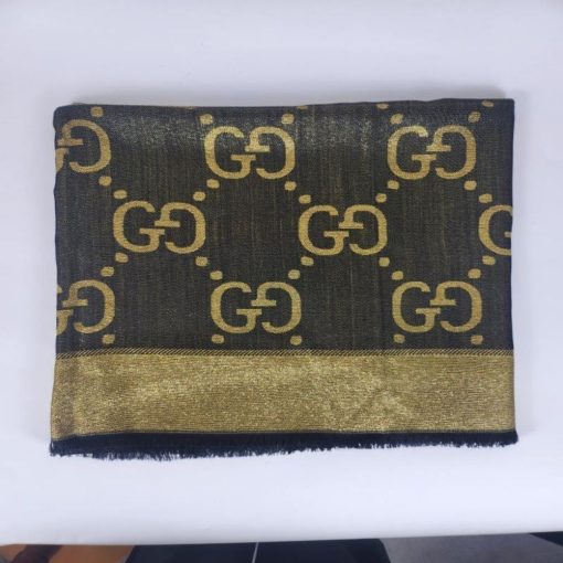 Gucci GG Jacquard Silk Wool Shawl Black And Gold - Image 4