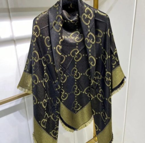 Gucci GG Jacquard Silk Wool Shawl Black And Gold - Image 3