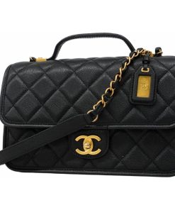 Chanel School Memory Top Handle Flap Bag Quilted Caviar Small