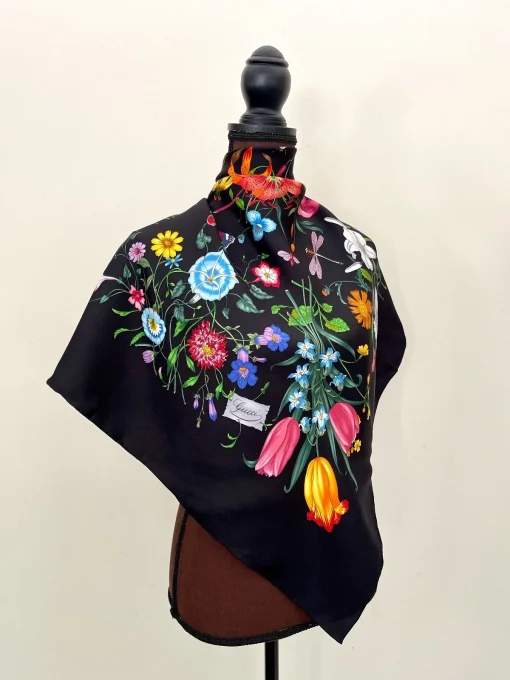 Gucci Scarf Flora Print Black Multicolor Silk - Image 5