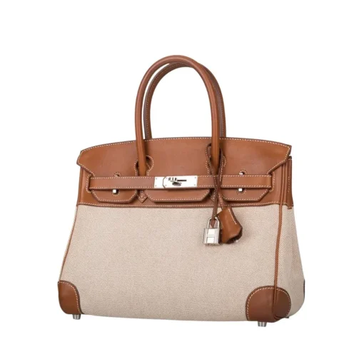 Hermes Birkin Bag 25cm 2 Tone Barenia with Toile Insane Pallidum Hardware - Image 2