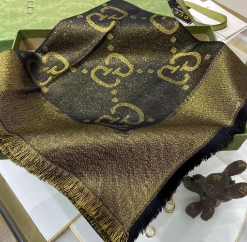 Gucci GG Jacquard Silk Wool Shawl Black And Gold - Image 2