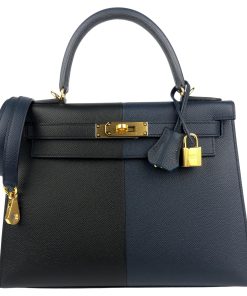 Hermes Kelly 28 Sellier Black Blue Indigo Blue Frida Epsom Gold Hardware