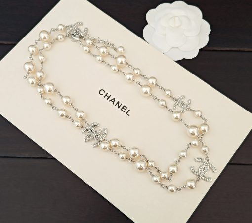 Chanel Crystal CC And Graduated Pearl Sautoir Necklace – Silver-Tone - Image 2