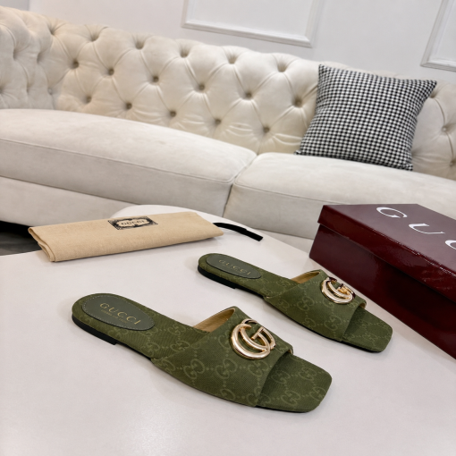 Gucci Classic Monogram Canvas Single-Strap Slide Sandals In Green - Image 4