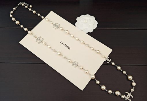 Chanel Crystal CC And Graduated Pearl Sautoir Necklace – Silver-Tone - Image 3