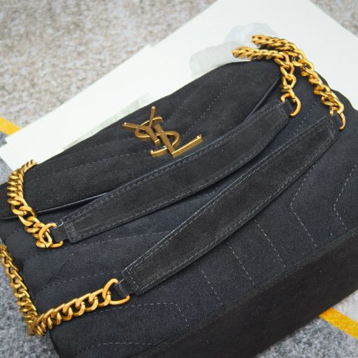Saint Laurent Suede Calfskin Y Quilted Monogram Small Loulou Chain Satchel Black - Image 7