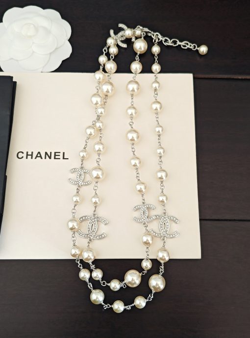 Chanel Crystal CC And Graduated Pearl Sautoir Necklace – Silver-Tone - Image 4