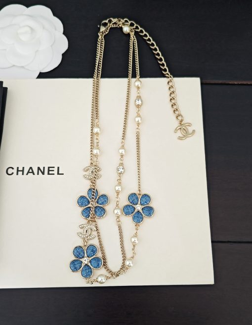 Chanel Blue Denim And Floral Motif Necklace - Image 4