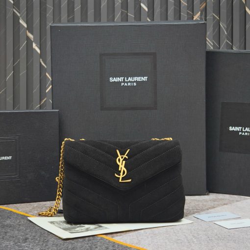 Saint Laurent Suede Calfskin Y Quilted Monogram Small Loulou Chain Satchel Black - Image 5