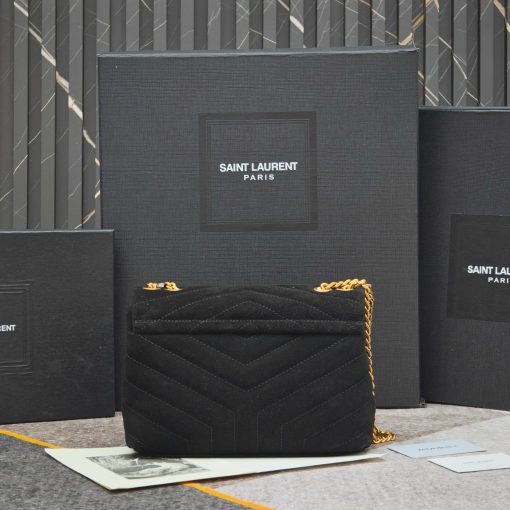 Saint Laurent Suede Calfskin Y Quilted Monogram Small Loulou Chain Satchel Black - Image 2