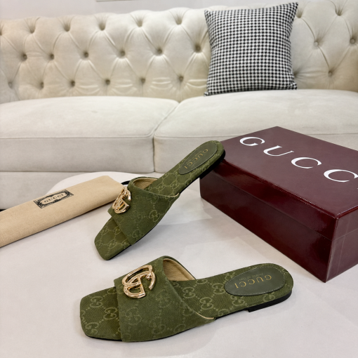 Gucci Classic Monogram Canvas Single-Strap Slide Sandals In Green - Image 5