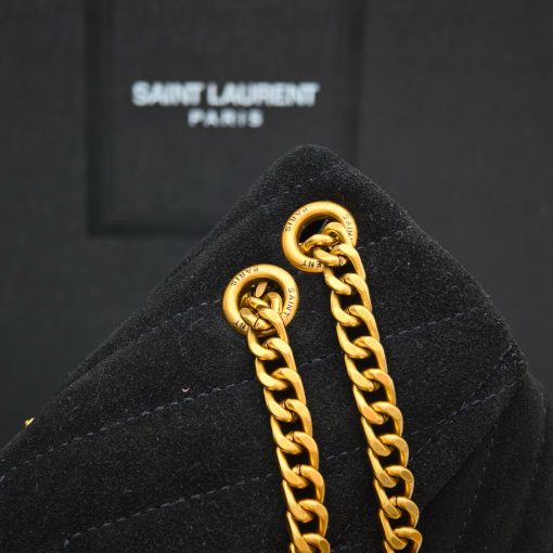 Saint Laurent Suede Calfskin Y Quilted Monogram Small Loulou Chain Satchel Black - Image 4