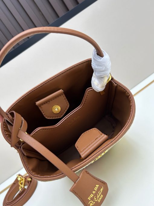 Prada Embroidered Floral Raffia Shoulder Bag In Brown - Image 3