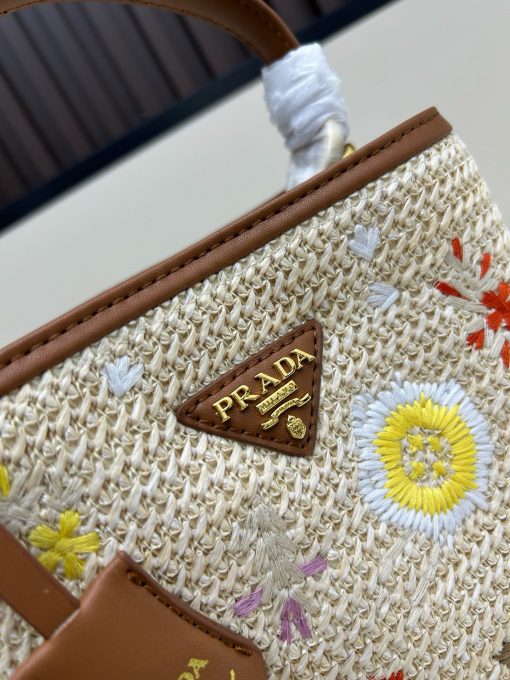 Prada Embroidered Floral Raffia Shoulder Bag In Brown - Image 6