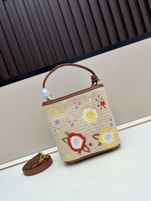 Prada Embroidered Floral Raffia Shoulder Bag In Brown - Image 7